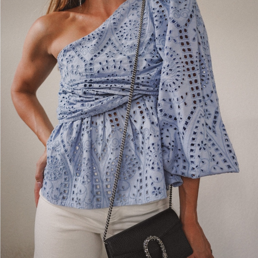 Ganni Blue Asymmetrical Ruffled Puff Sleeve Blouse